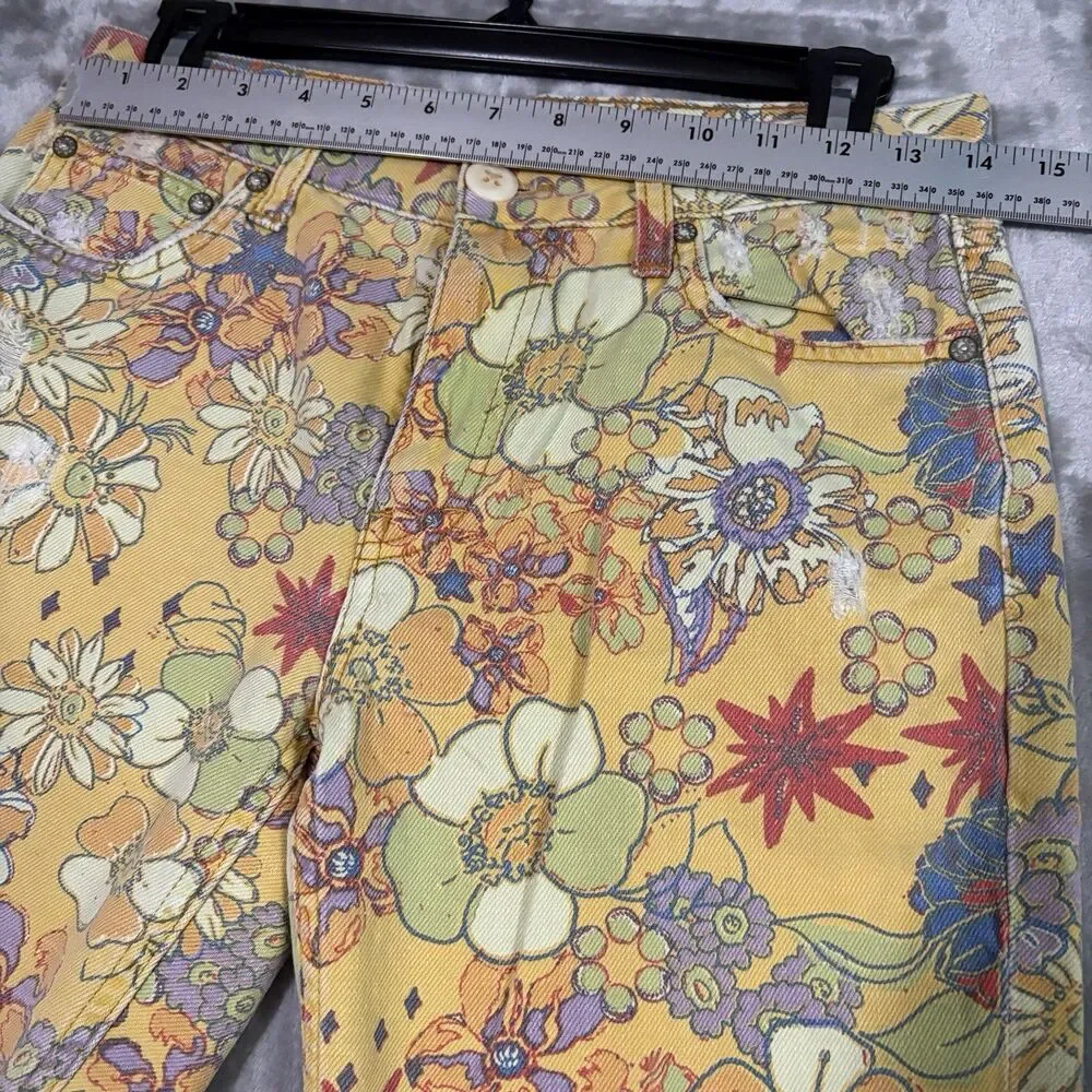 We The Free Yellow Floral Denim Distressed Bermuda Shorts 27 Free People Boho